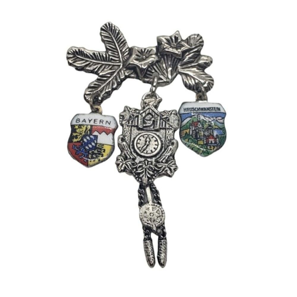 Vintage Brooch Charm Holder Bavaria Souvenir Shield Castle Cuckoo Clock Sterling